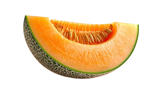 A close-up of a cantaloupe slice, with vibrant orange flesh and a textured rind