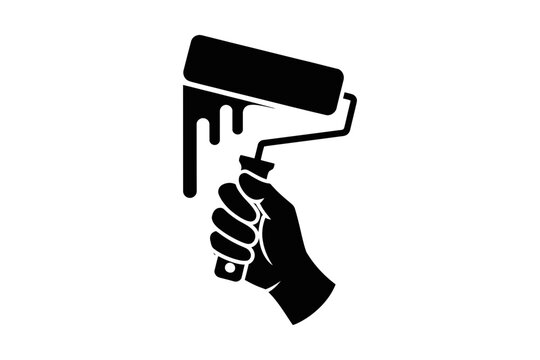 A hand holding a paint roller with dripping paint in black silhouette