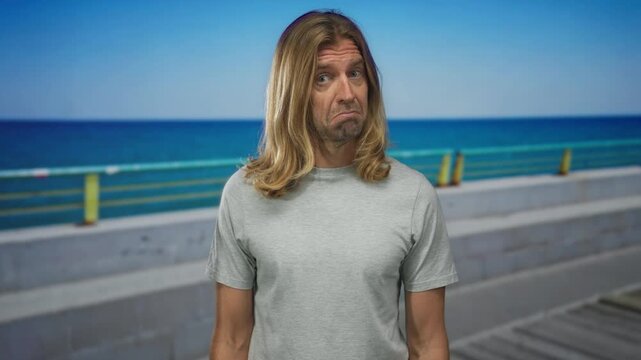 Man stands on beach promenade with long blond hair and bare face gazing toward horizon; introspection.