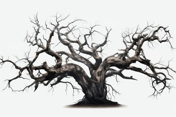 Fototapeta premium Gnarly bare branches of a spooky withered oak tree creating an eerie mood