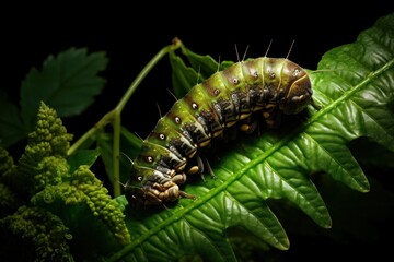 Green caterpillar resting on a vivid green fern leaf with dark background