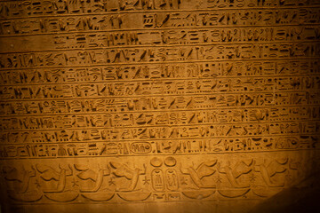 Fototapeta premium Cairo, Egypt- February 01, 2026: Ancient Egyptian Hieroglyphic Inscriptions Carved into Stone Wall P