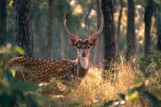 Serene forest habitat: axis deer buck with spotted coat and graceful antlers