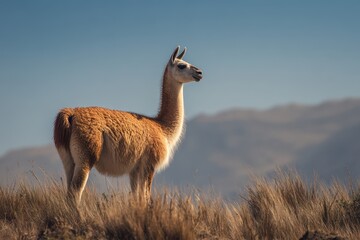 Fototapeta premium Serene wildlife portrait of a llama in a quiet countryside setting