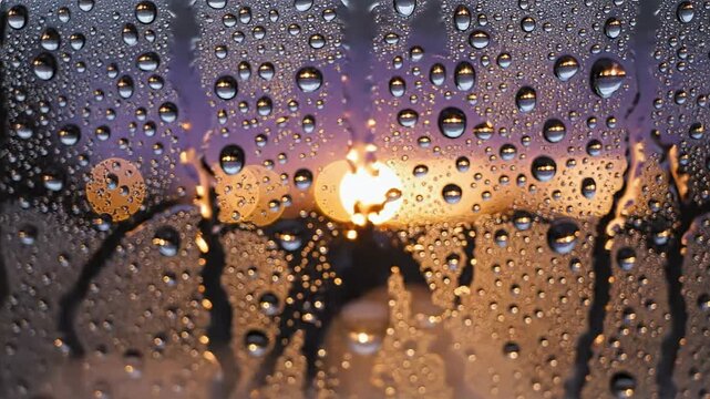 Purple Sunset Through Frosted Glass Window With Water Droplets Rolling Down Pane