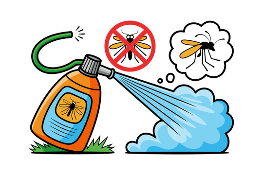 Insecticide spray killing mosquito vector illustration with bug repellent bottle