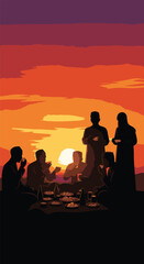 Fototapeta premium Silhouetted People Gathering at Sunset.