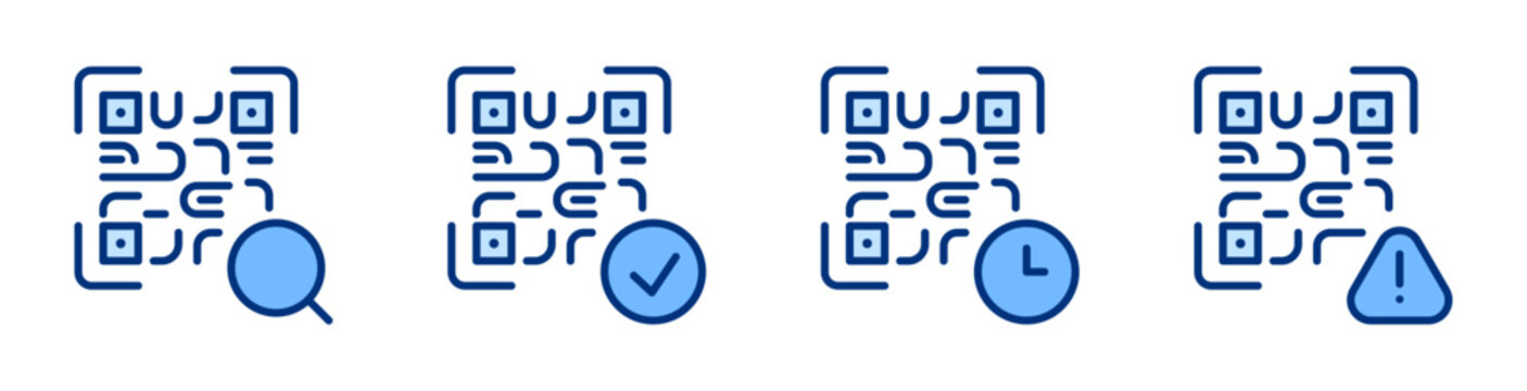 QR-code icons set. Magnifier, checkmark, time clock, exclamation. Scanning, scanner sign. Scan linear solid blue vector. For website, business, infographic, ui, ux, etc. E-commerce, shopping, retail.