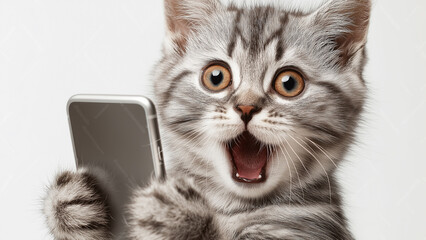 Smartphone shocked meme cat with copy space on white background cat-meme_1323
