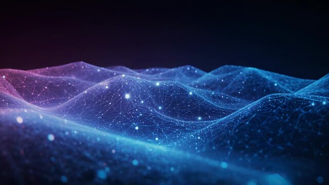 Driving glowing mesh network pulsing across simulated void, nodes brightening showing data flow