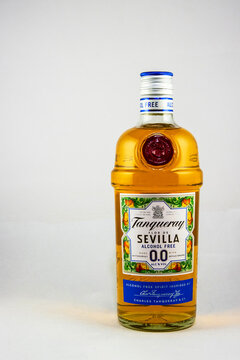 St Neots, UK - Friday 19th December 2025: A bottle of alcohol free Tanqueray Sevilla Gin with a light background