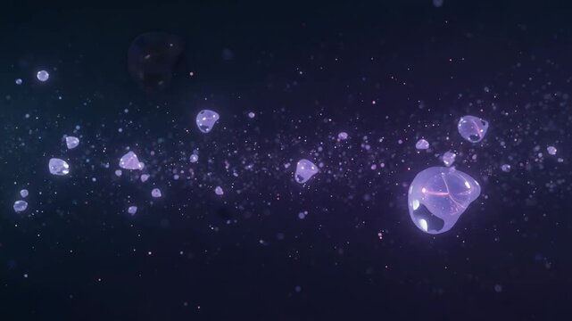 Floating band of purple pods, specks drifting left across dark field on start, emphasizing depth