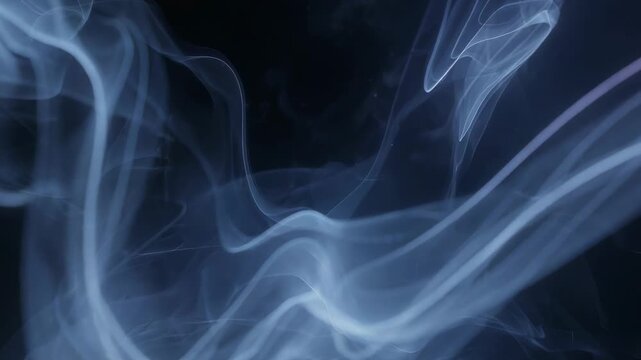 Animating translucent bluish ribbon undulating, stretching across dark void with drifting particles