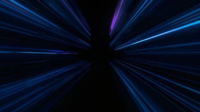 Radiating neon-blue beams elongating around center dark void as pulse rising, purple accent fading