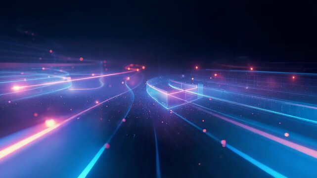 Advancing neon lanes and hovering prism glowing as camera pushing toward lit horizon, orange sparks
