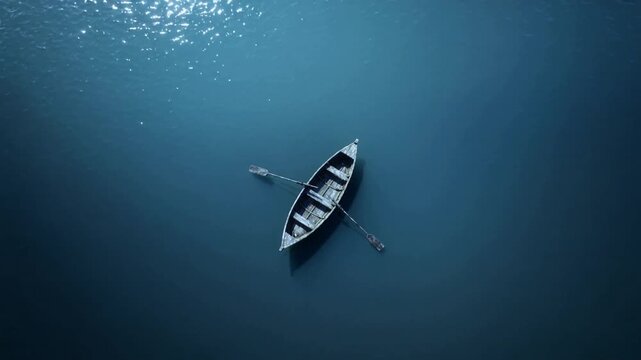 Pulling back camera, wooden rowboat drifting on calm lake water, revealing sun sparkles with oars