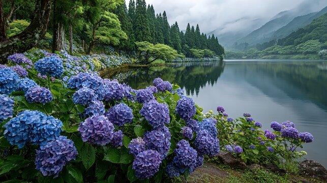 Blue and purple hydrangeas blooming beside a calm mountain lake, framed by misty forests. Ideal for nature photography, travel visuals, and calming design projects.