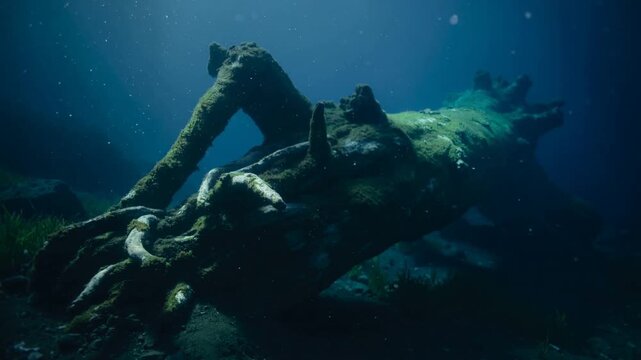 Dollying camera approaching sunken sculptural object on seabed, revealing textures, barnacles
