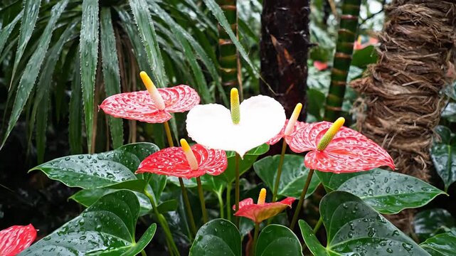 A cluster of vibrant anthurium flowers, with one white bloom at the center, surrounded by red and pink petals in a lush green environment