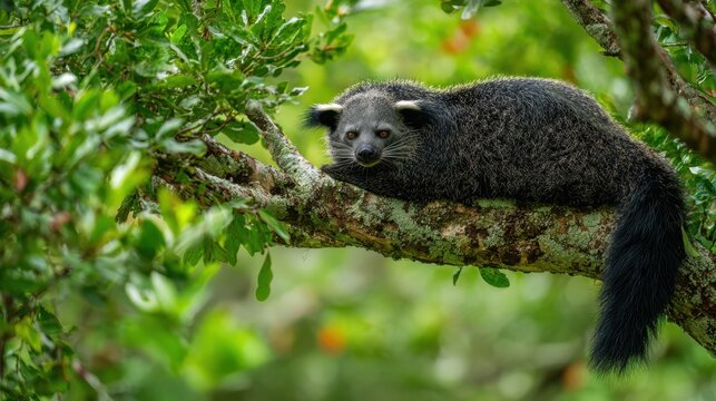 Binturong resting on mossy tree branch looking at viewer