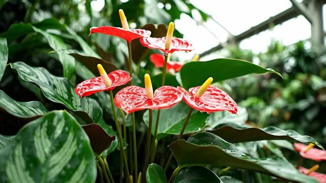 Vibrant red anthurium flowers with glossy green leaves in a lush greenhouse setting, showcasing tropical botanical beauty