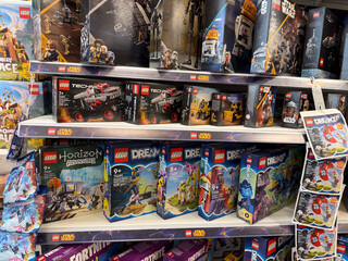 Naklejka premium Shelf of assorted lego sets