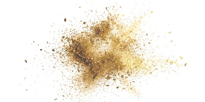 Dynamic golden brown powder explosion background with flying dirt particles and dramatic dust burst vector illustration