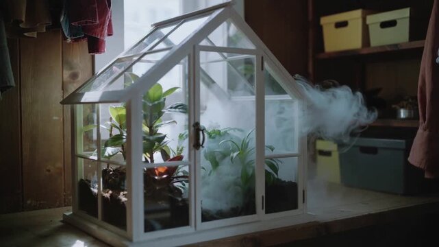 Sunlight warming white-framed tabletop greenhouse, releasing mist onto wood table, plants and coats