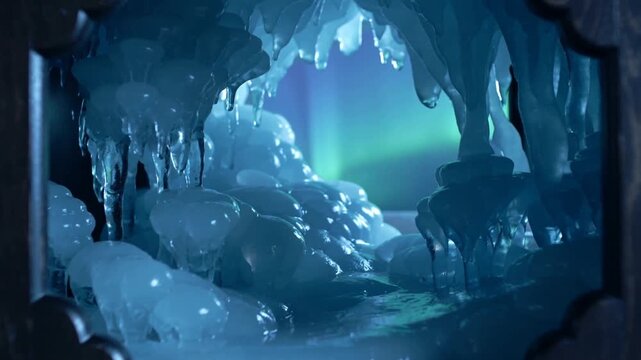 Aurora brightening causing ice grotto shimmering inside wooden opening with hinge, icicles and pool