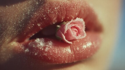 Obraz premium Close-up lips holding pink rosebud with sparkling crystals