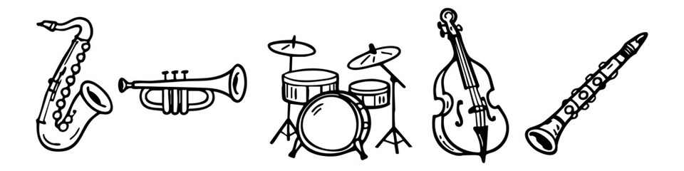 Hand-drawn musical instrument doodles including saxophone, trumpet, drums, double bass, and clarinet. Black and white jazz band sketch banner. © Nort Kor