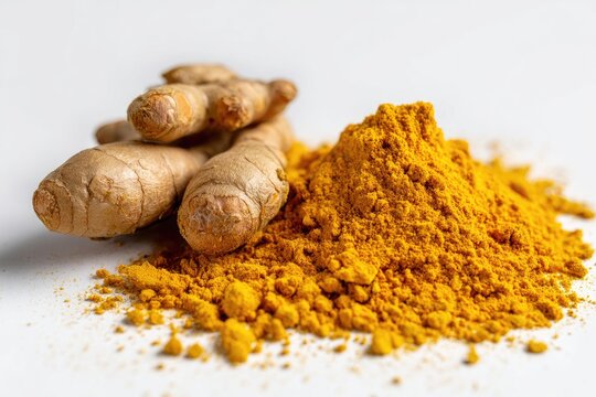 Pile of yellow powder with rhizomes on white surface