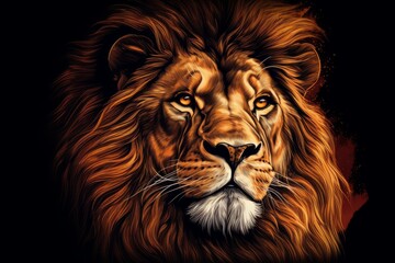 Fototapeta premium Lion head looking forward with a powerful golden mane and watchful eyes