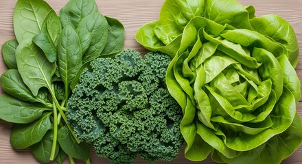 Fresh Spinach Broccoli Lettuce on Table.