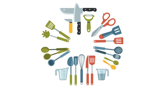 Circular arrangement of various kitchen utensils and tools on a plain white background in a flat lay composition.
