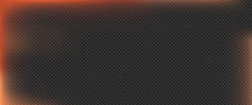 Dark transparent textured background with warm orange light leak and subtle film scratches, vintage burnt frame effect overlay for modern photo editing, video transitions