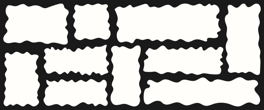 Set of wavy organic rectangles white on dark background. Composition geometric shapes, funky frames for text and pictures, empty speech bubbles