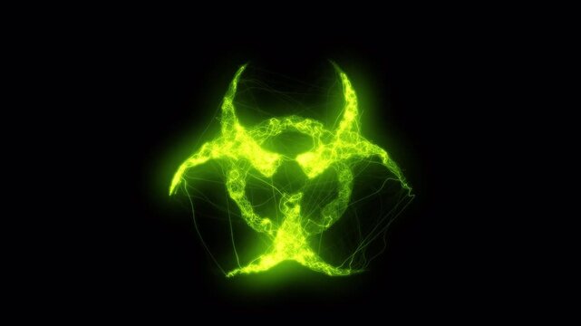 Oscilloscope Biohazard Symbol Animation with Neon Glitch, HUD Warning Interface Element, 4K Loop with Alpha Channel.