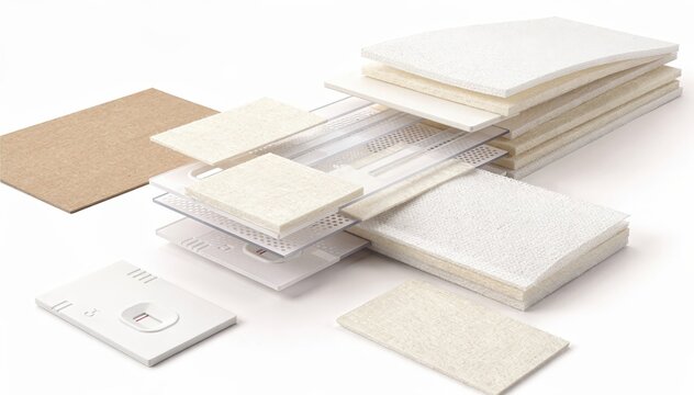 Medium shot capturing the intricate layering of multiple membranes and absorbent pads in multiplex lateral flow test strip lamination for simultaneous detection.