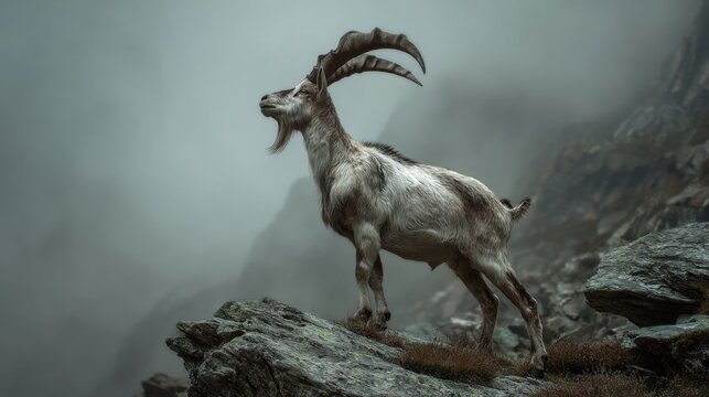 Markhor goat with spiral horns on rocky outcrop in misty mountains