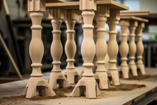 Newly crafted wood furniture legs showcasing craftsmanship in a carpentry factory