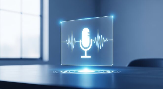 Glowing blue microphone hologram with audio waves on office desk representing futuristic voice recognition and artificial intelligence podcasting