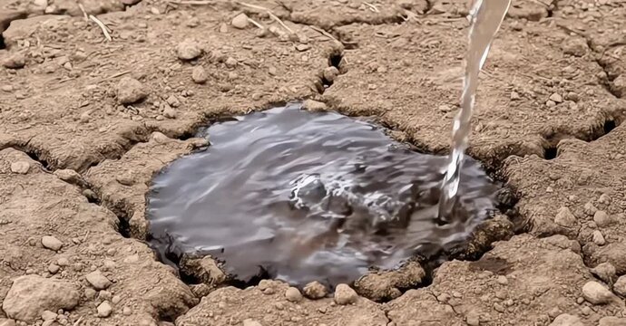 Water's impact on drought-stricken, cracked soil, showcasing environmental resilience in powerful videos
