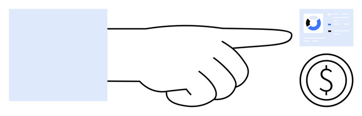 Financial concept. Hand pointing at finance dashboard and dollar symbol to money management. Financial strategies, budgeting, investments, data analysis, economy visualization