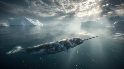 Fototapeta premium Narwhal with spiraled tusk swims in arctic water