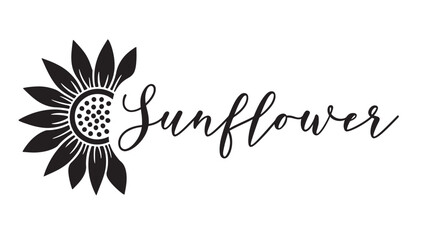Sunflower icon with elegant handwritten script typography on a clean white background, minimalist graphic design. © Md