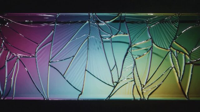 Cracking glass strip revealing fractures on studio color backdrop with moving bright white light