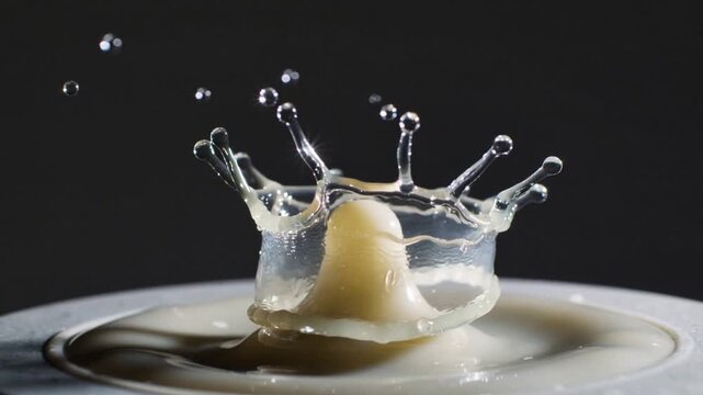 Droplet impacting milk, coronet with central column rising on white rim, ejecting droplets left