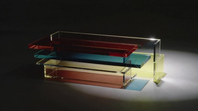 Shifting offframe spot bathing acrylic stack on table, revealing yellow support and colored shadows