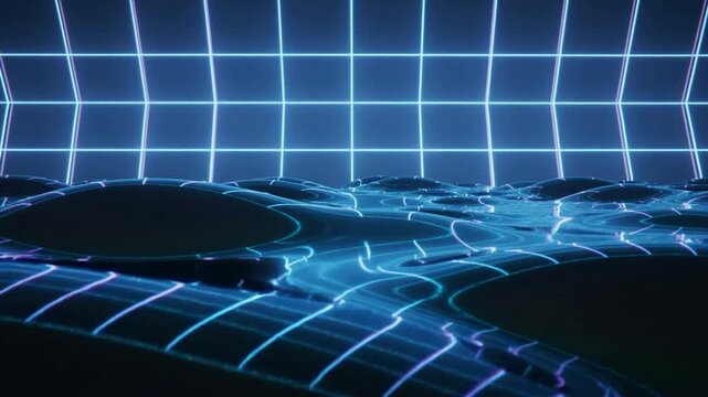 Starting loop, glossy wavy surface rippling in digital stage, showing neon grid wall reflections
